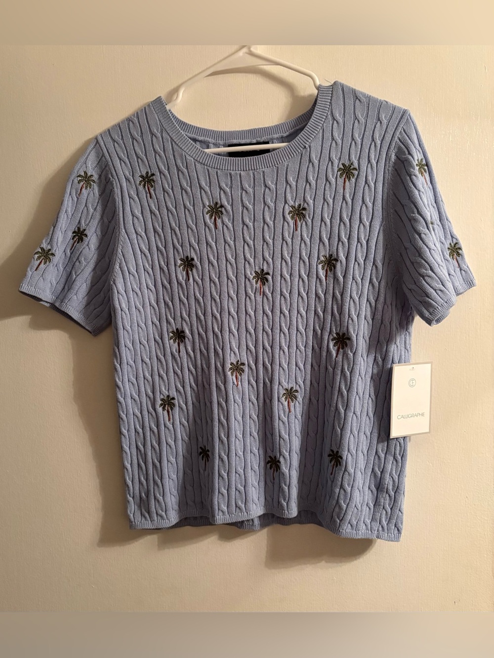 NWT Calligraphie Short Sleeve Sweater Top with Embroidered Palm Trees